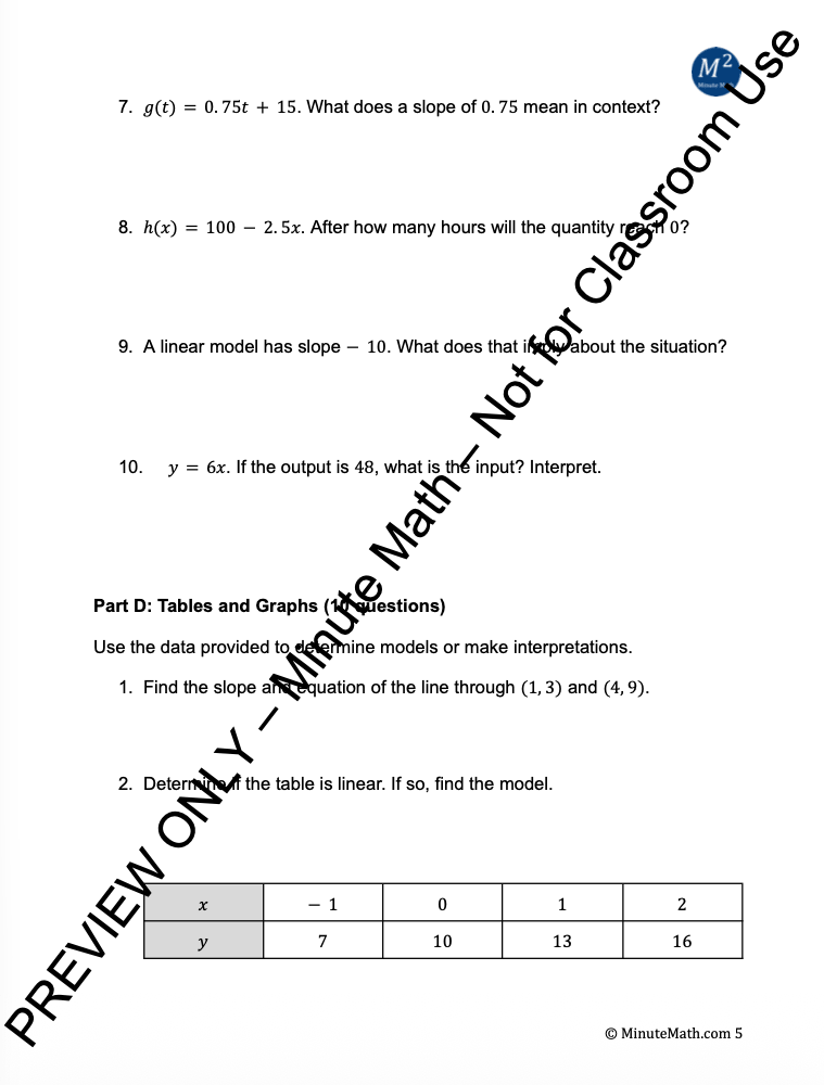 Modeling with Linear Functions – Graphing, Tables, and Word Problems
