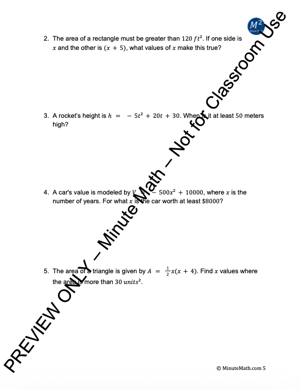 Quadratic Inequalities – Word Problems & Graphs