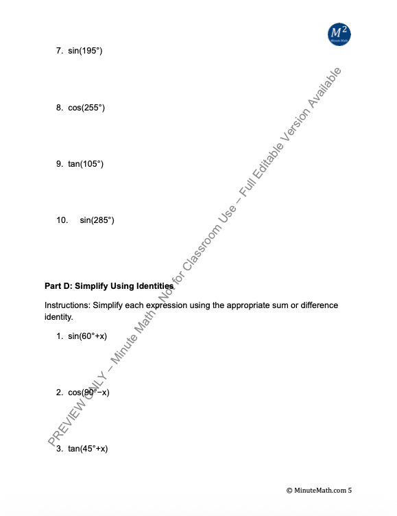 Algebra 2 Trigonometry: Sum and Difference Identities Mega Worksheet