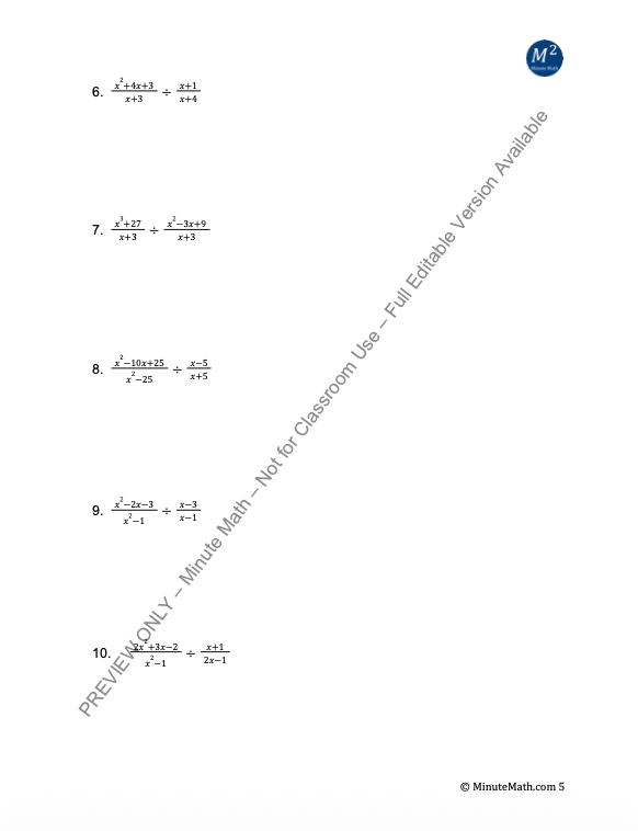 Multiplying and Dividing Rational Expressions – Algebra 2 Practice Worksheet