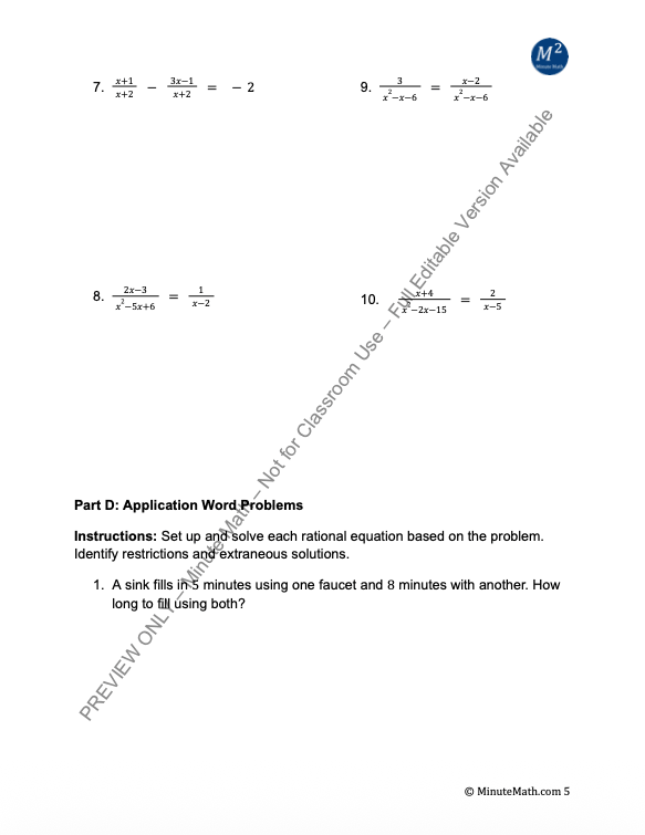Solving Rational Equations – Algebra 2 Worksheet + Word Problems