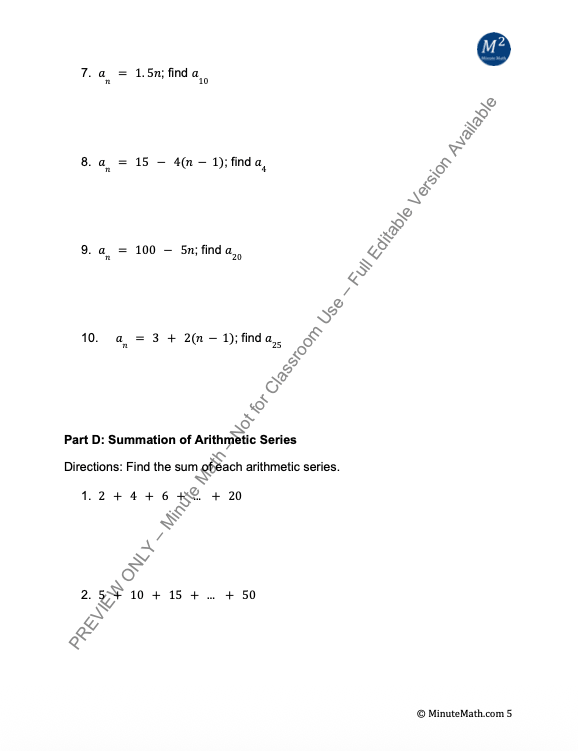 Arithmetic Sequences & Series – Algebra 2 Worksheet + Answer Key (CCSS Aligned)