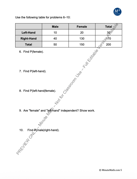 Two-Way Tables and Probability | Algebra 2 Worksheet + Answer Key