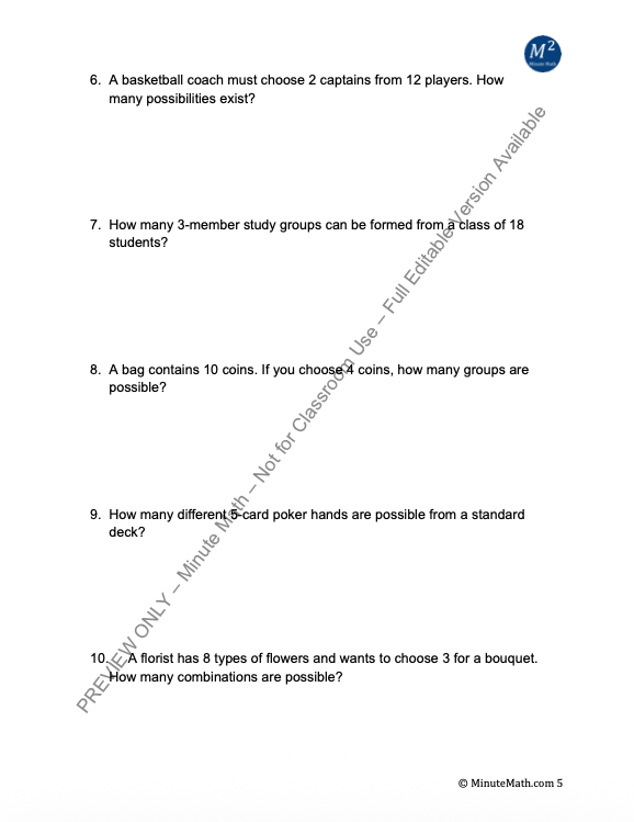 Permutations and Combinations Worksheet – Algebra 2 Probability with Answer Key