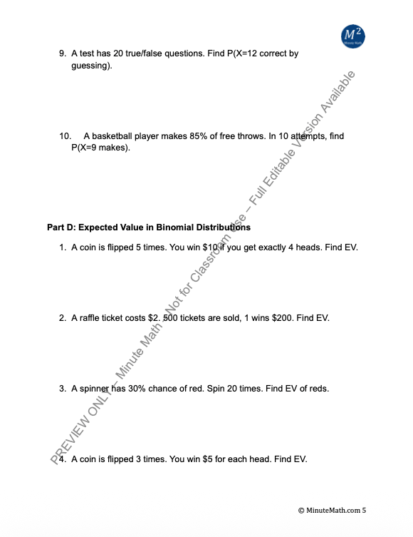 Binomial Distributions Worksheet | CCSS Algebra 2