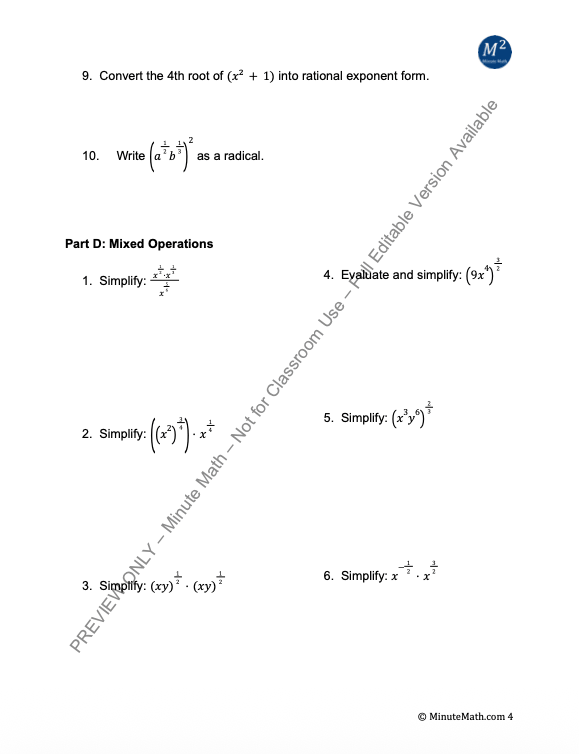 Properties of Rational Exponents and Radicals – Algebra 2 Practice