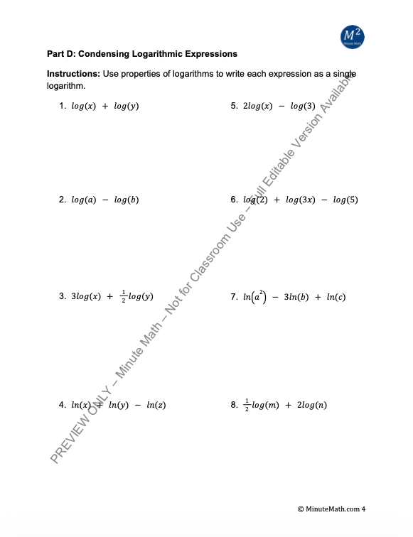Properties of Logarithms: Expand, Condense, Solve – Algebra 2 Worksheet
