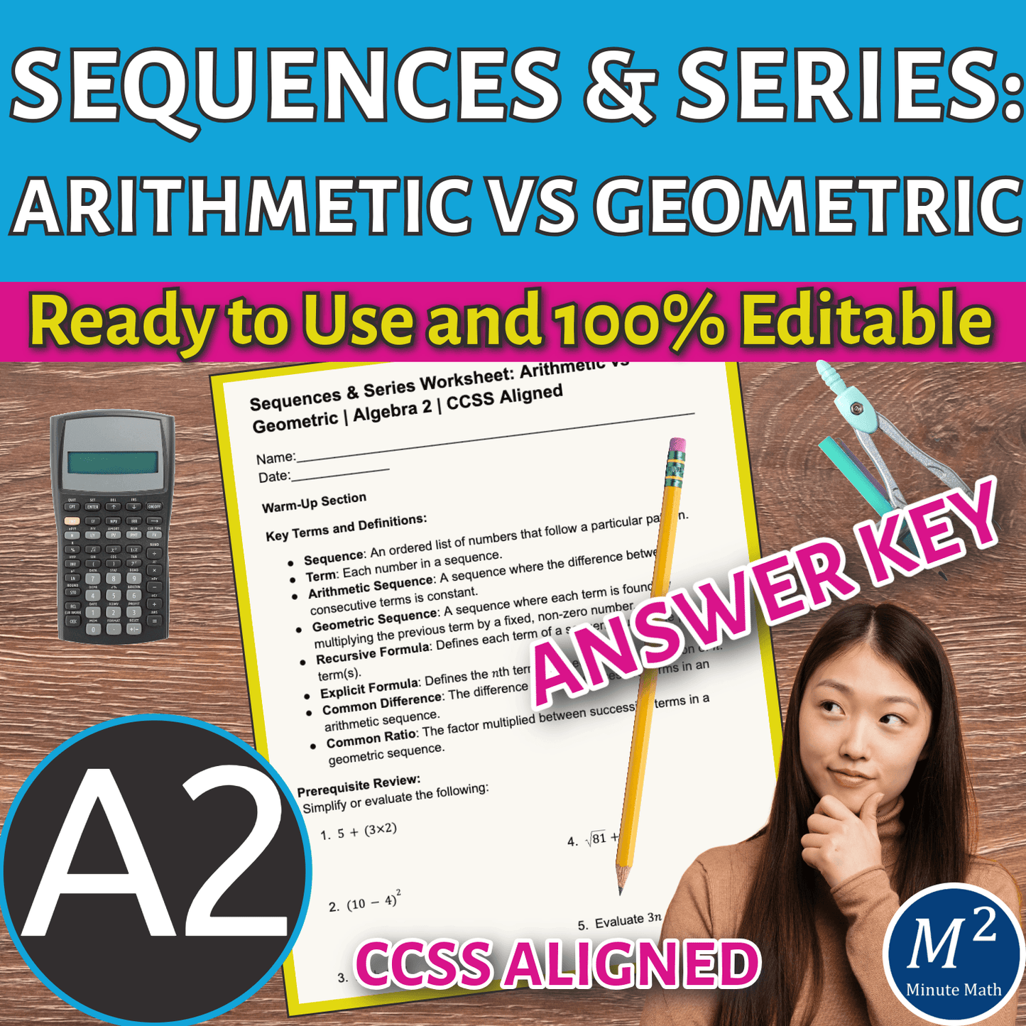 Sequences & Series Worksheet: Arithmetic vs Geometric | Algebra 2 | CCSS Aligned