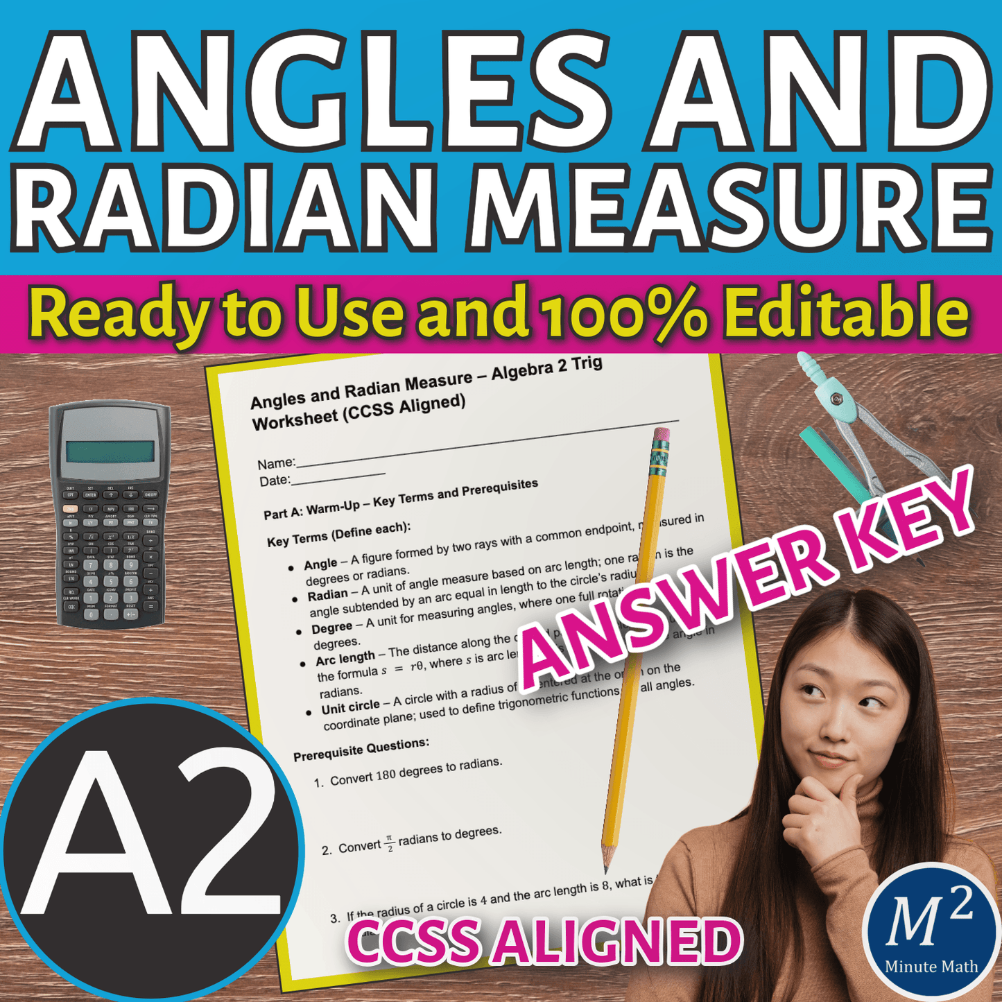 Angles and Radian Measure – Algebra 2 Trig Worksheet (CCSS Aligned)