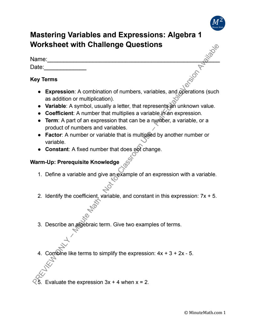 Algebra 1 Practice Pack: Expressions, Equations & Functions