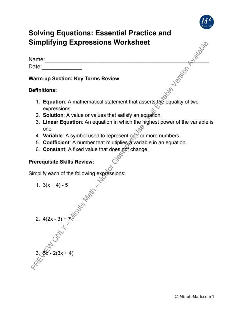 Algebra 1 Practice Pack: Expressions, Equations & Functions