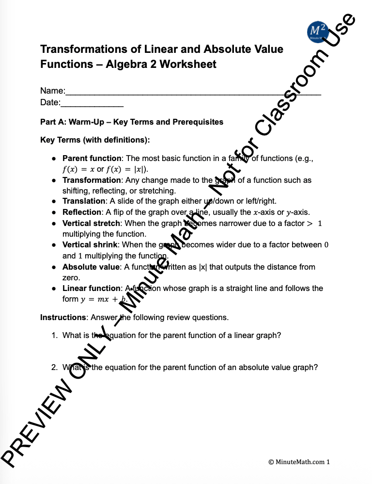 Transformations of Linear and Absolute Value Functions – Algebra 2 Worksheet