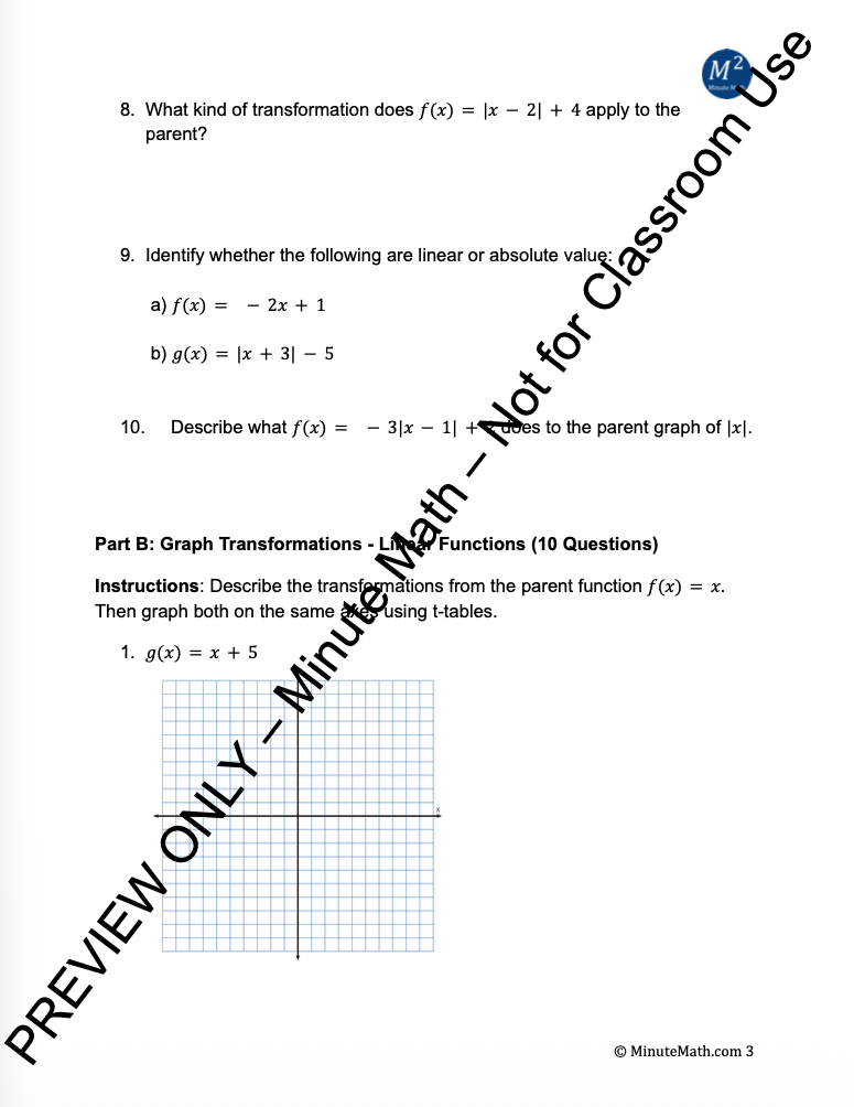 Transformations of Linear and Absolute Value Functions – Algebra 2 Worksheet