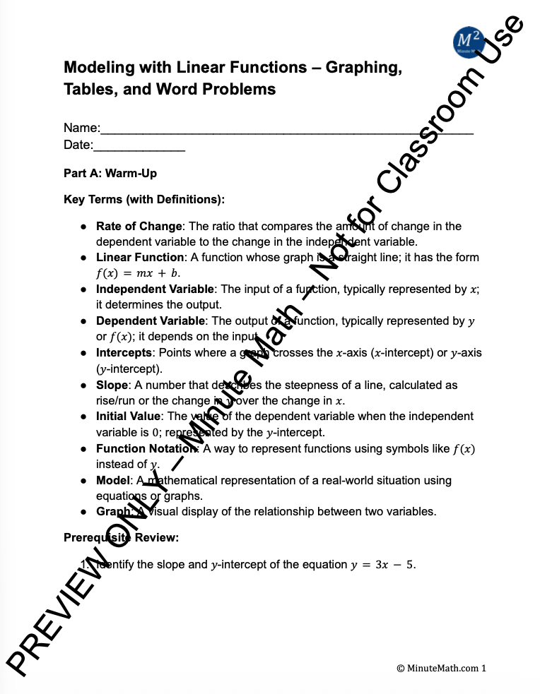 Modeling with Linear Functions – Graphing, Tables, and Word Problems