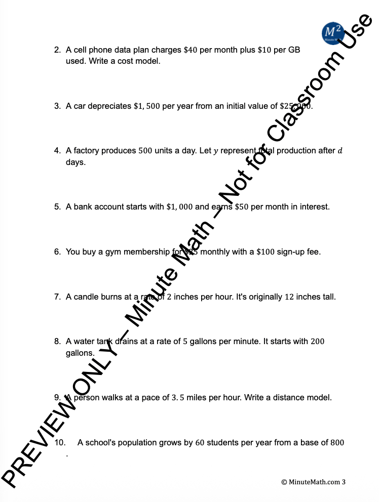 Modeling with Linear Functions – Graphing, Tables, and Word Problems