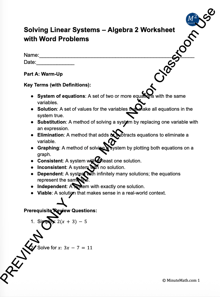 Solving Linear Systems – Algebra 2 Worksheet with Word Problems & Answer Key