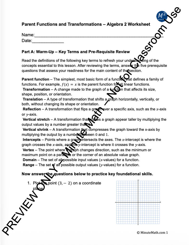 Parent Functions and Transformations – Algebra 2 Worksheet