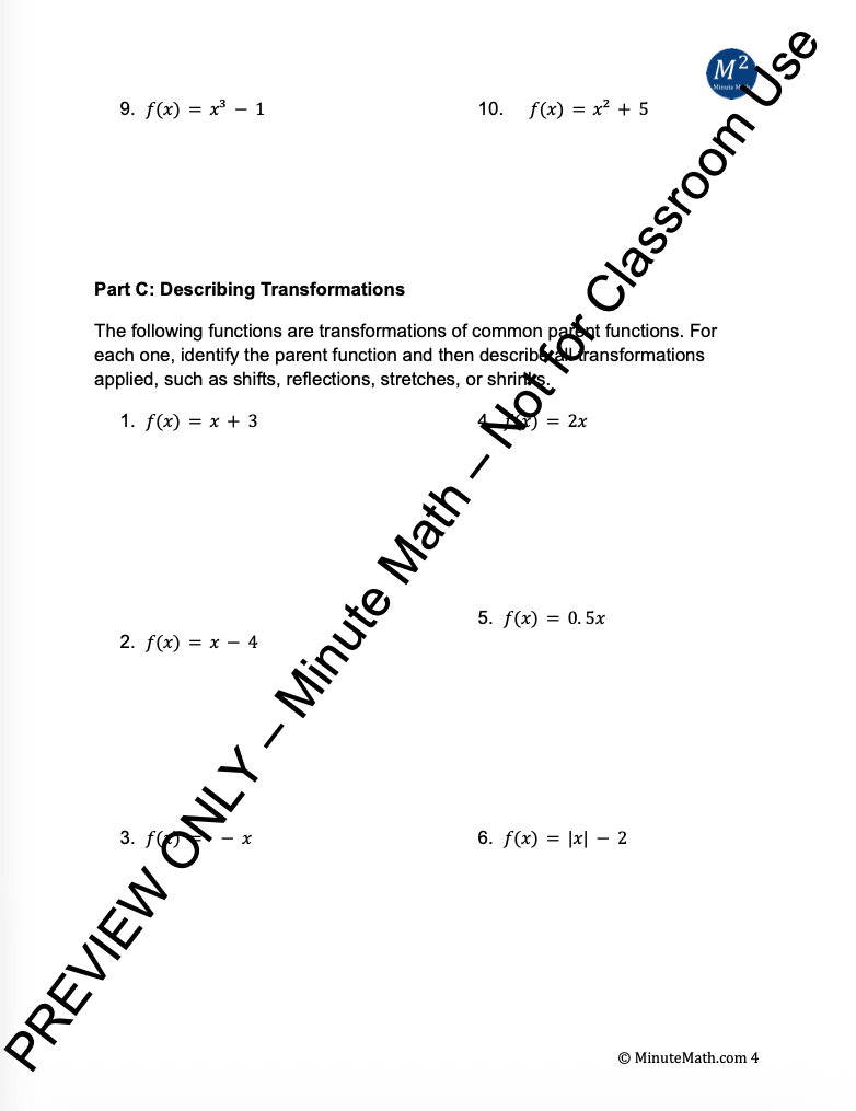 Parent Functions and Transformations – Algebra 2 Worksheet
