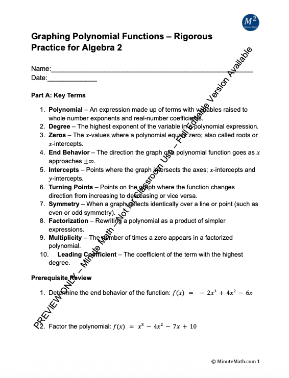 Graphing Polynomial Functions – Rigorous Practice for Algebra 2