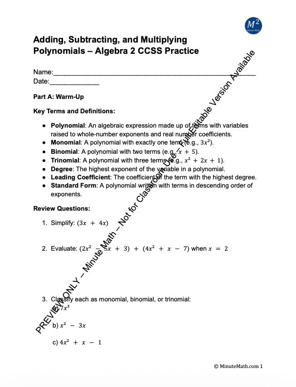 Adding, Subtracting, and Multiplying Polynomials – Algebra 2 CCSS Practice