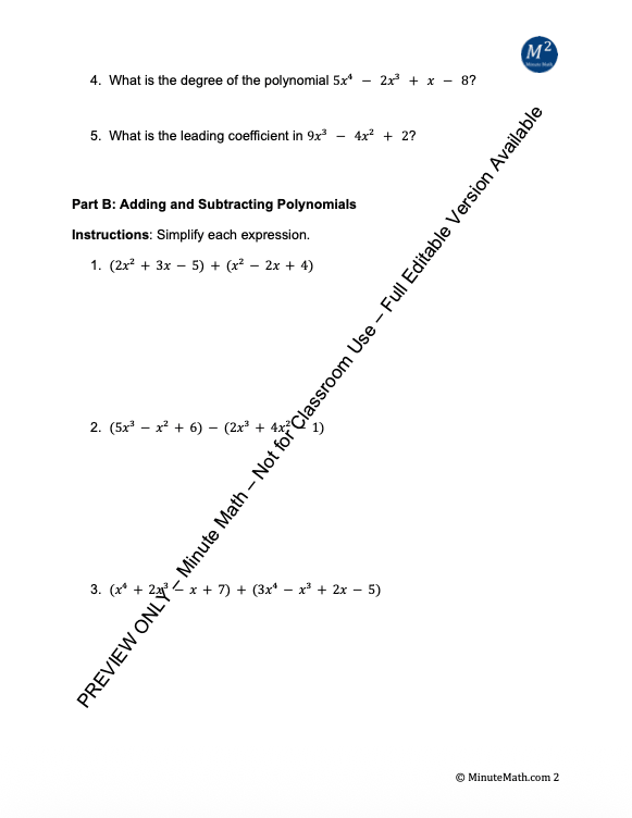 Adding, Subtracting, and Multiplying Polynomials – Algebra 2 CCSS Practice