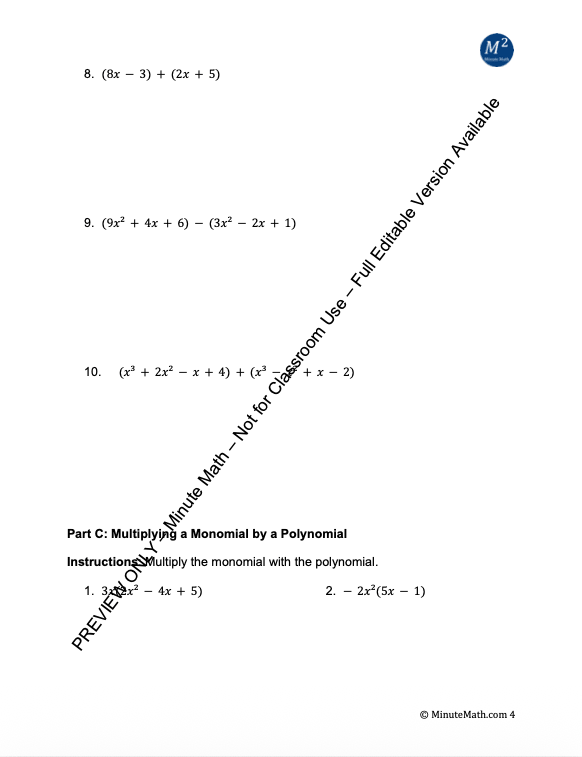 Adding, Subtracting, and Multiplying Polynomials – Algebra 2 CCSS Practice