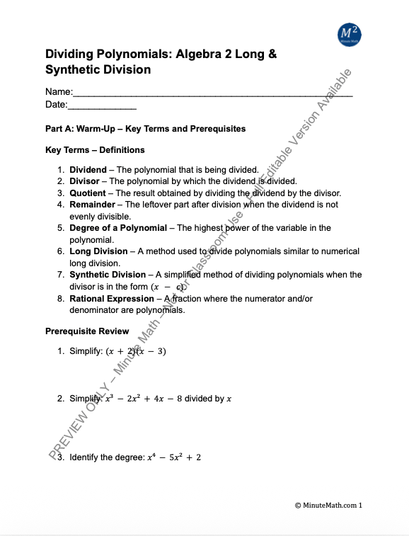 Dividing Polynomials: Algebra 2 Long & Synthetic Division