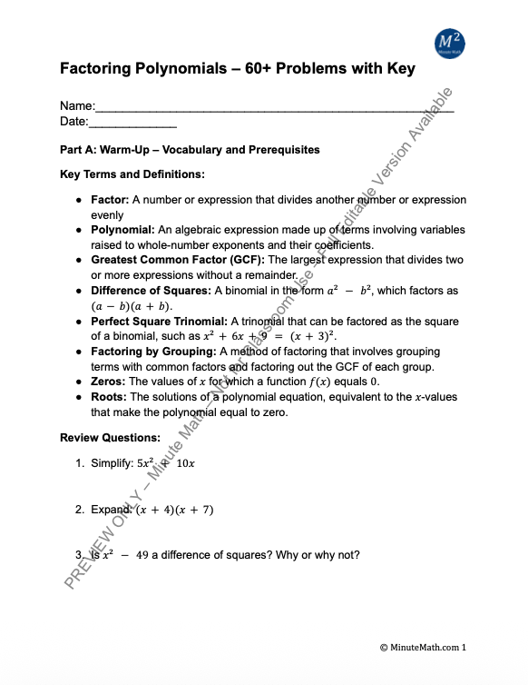 Factoring Polynomials – 60+ Problems with Key