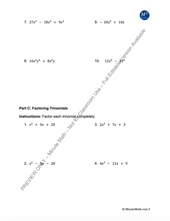 Factoring Polynomials – 60+ Problems with Key