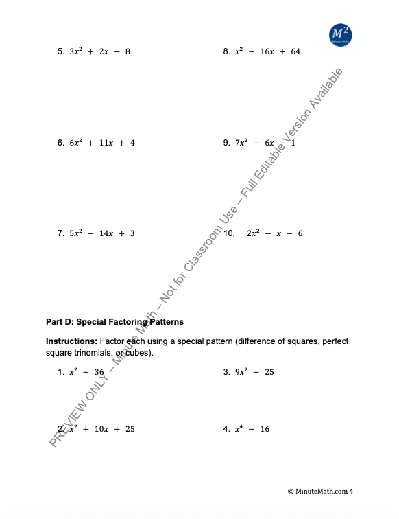 Factoring Polynomials – 60+ Problems with Key