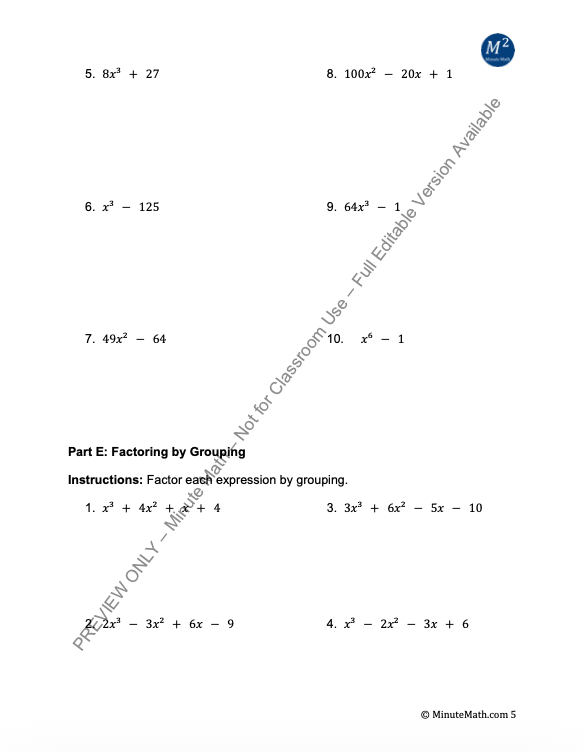 Factoring Polynomials – 60+ Problems with Key