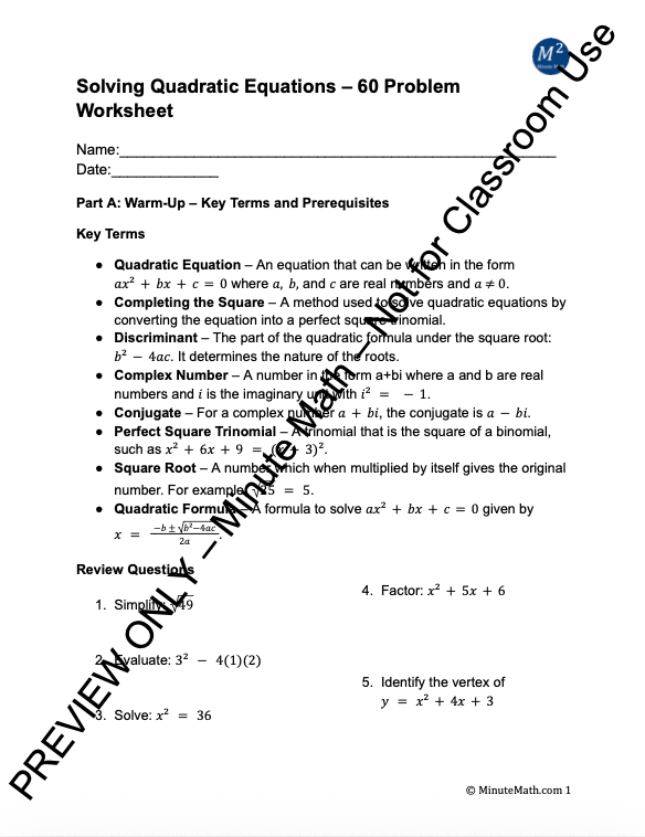 Solving Quadratic Equations – 60 Problem Worksheet