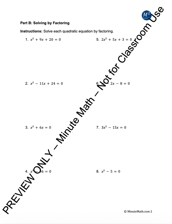 Solving Quadratic Equations – 60 Problem Worksheet