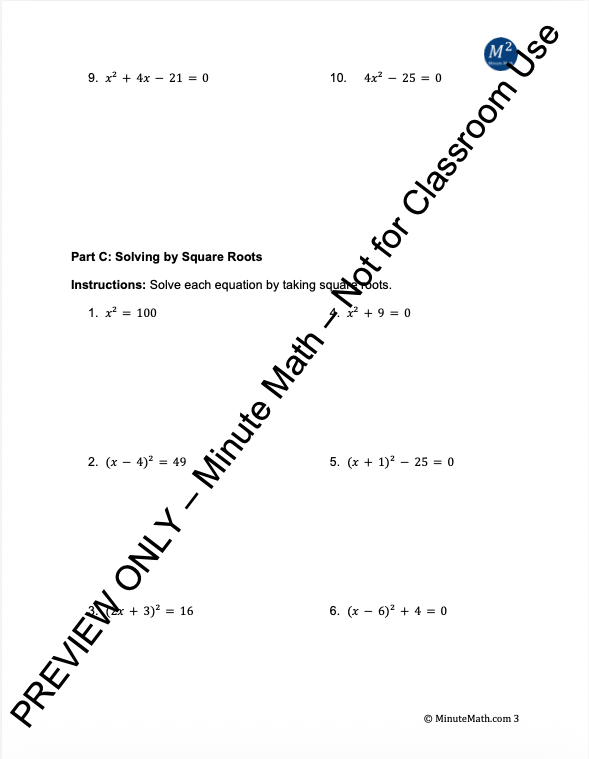 Solving Quadratic Equations – 60 Problem Worksheet