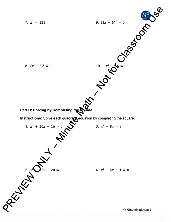 Solving Quadratic Equations – 60 Problem Worksheet