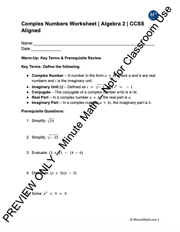 Complex Numbers Worksheet | Algebra 2 | CCSS Aligned