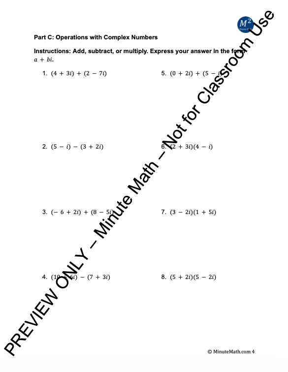 Complex Numbers Worksheet | Algebra 2 | CCSS Aligned