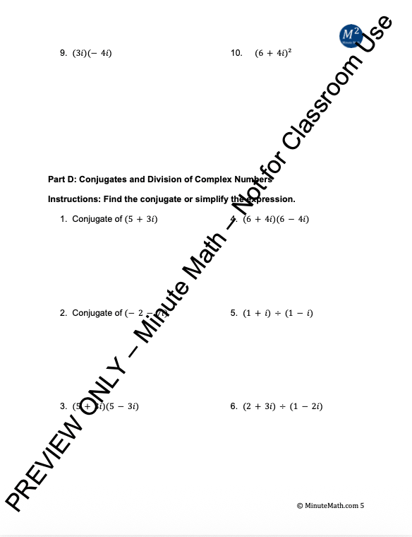 Complex Numbers Worksheet | Algebra 2 | CCSS Aligned
