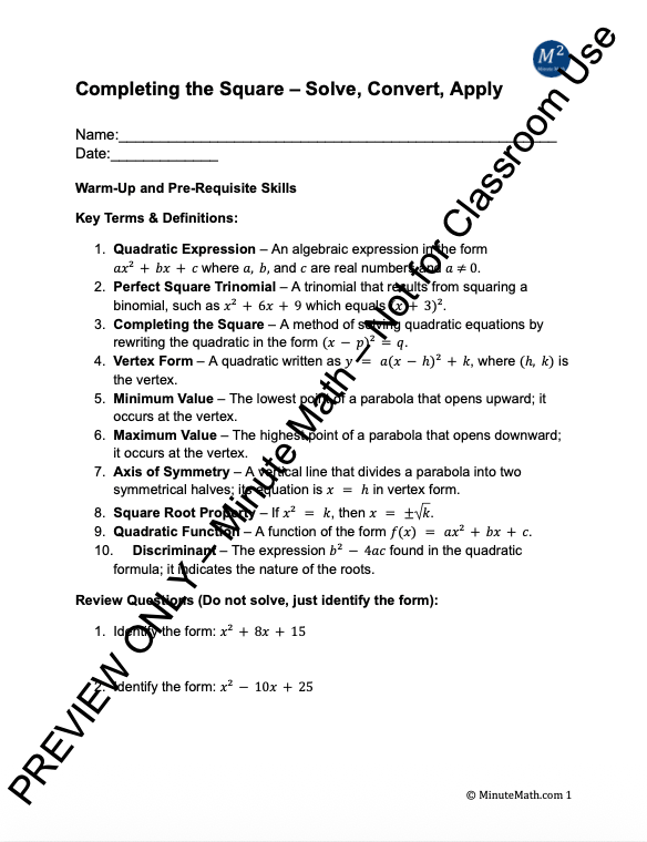 Completing the Square – Solve, Convert, Apply