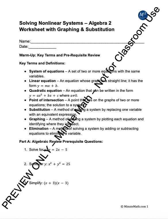 Solving Nonlinear Systems – Algebra 2 Worksheet with Graphing & Substitution