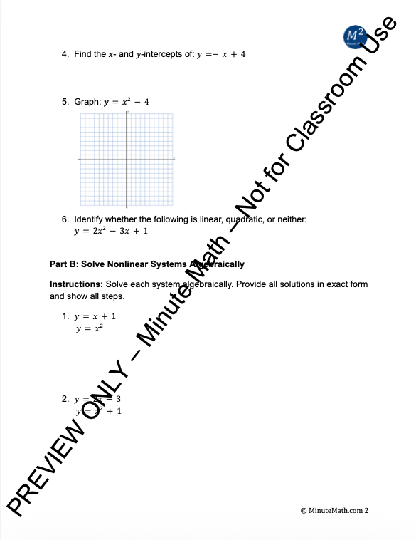 Solving Nonlinear Systems – Algebra 2 Worksheet with Graphing & Substitution