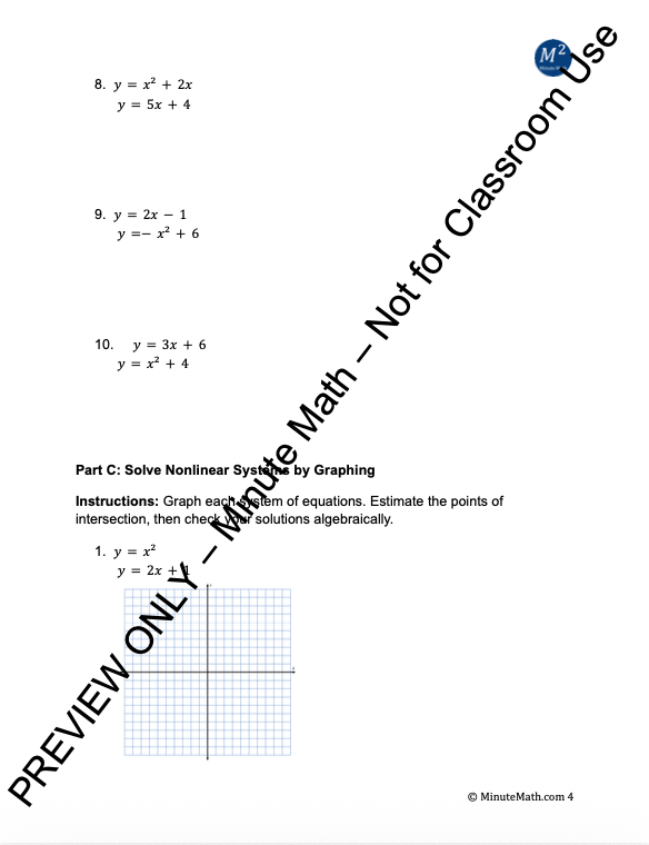 Solving Nonlinear Systems – Algebra 2 Worksheet with Graphing & Substitution