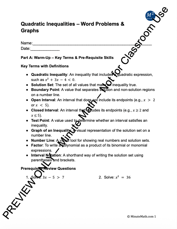 Quadratic Inequalities – Word Problems & Graphs