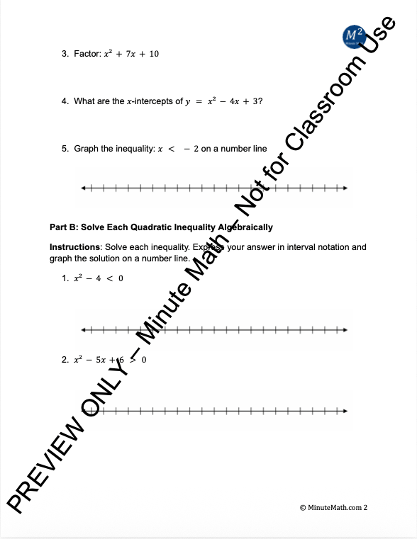 Quadratic Inequalities – Word Problems & Graphs