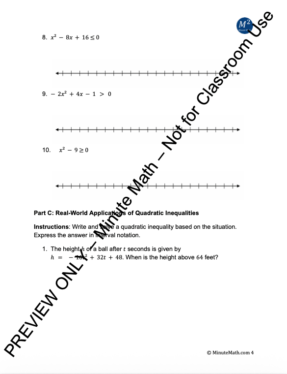 Quadratic Inequalities – Word Problems & Graphs