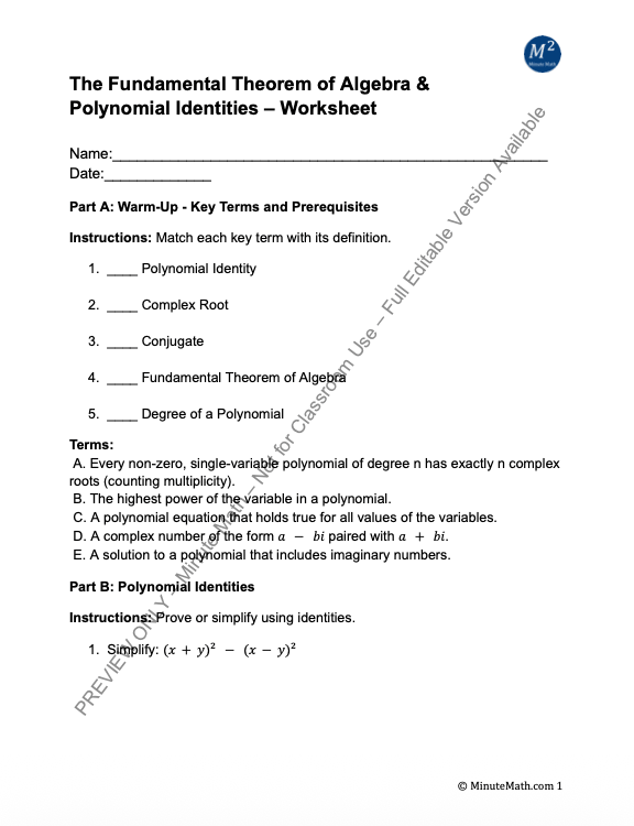 The Fundamental Theorem of Algebra & Polynomial Identities – Worksheet