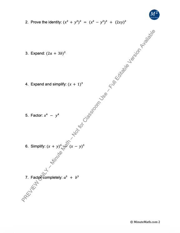 The Fundamental Theorem of Algebra & Polynomial Identities – Worksheet