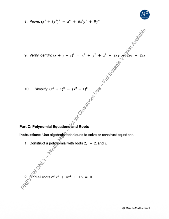 The Fundamental Theorem of Algebra & Polynomial Identities – Worksheet
