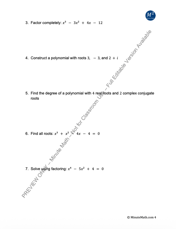 The Fundamental Theorem of Algebra & Polynomial Identities – Worksheet