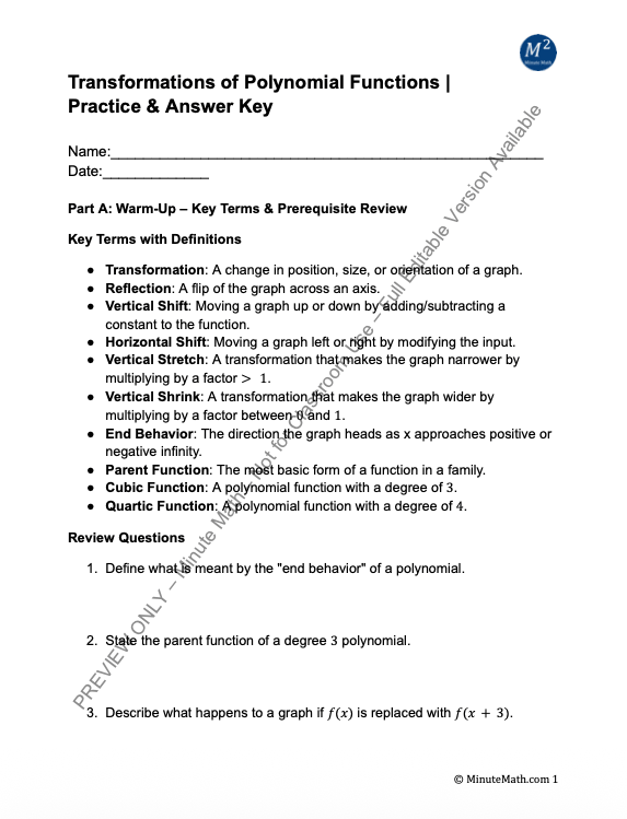 Transformations of Polynomial Functions | Practice & Answer Key